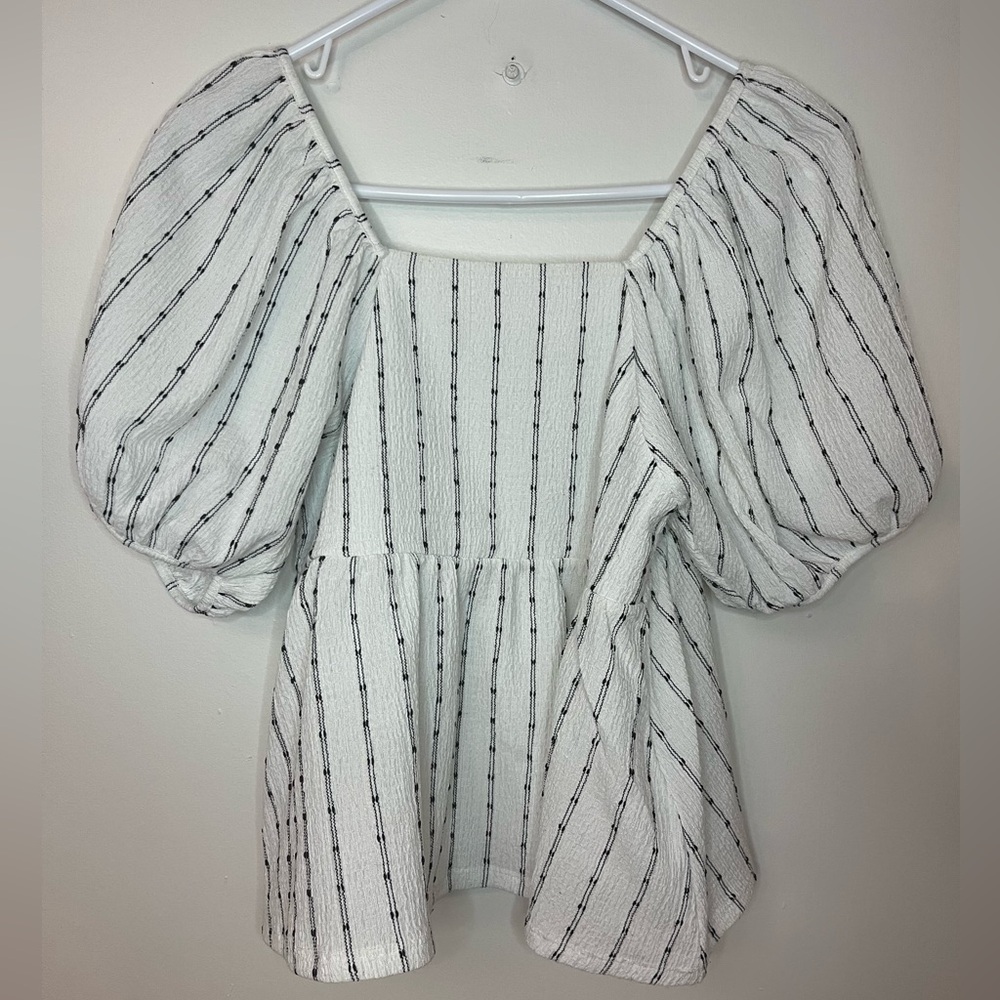 Madewell Puff Sleeve Square Neck Cropped Peplum Top Textured Stripe XS